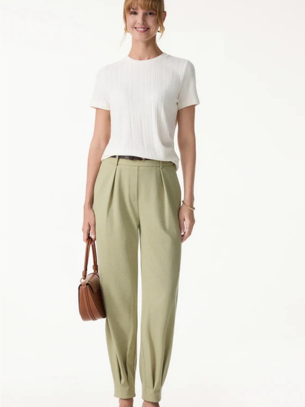 OGL Stretch Linen-Like Wrinkle-Resistant Tapered Pant Sage Green Tailored Office - Picture 2 of 14